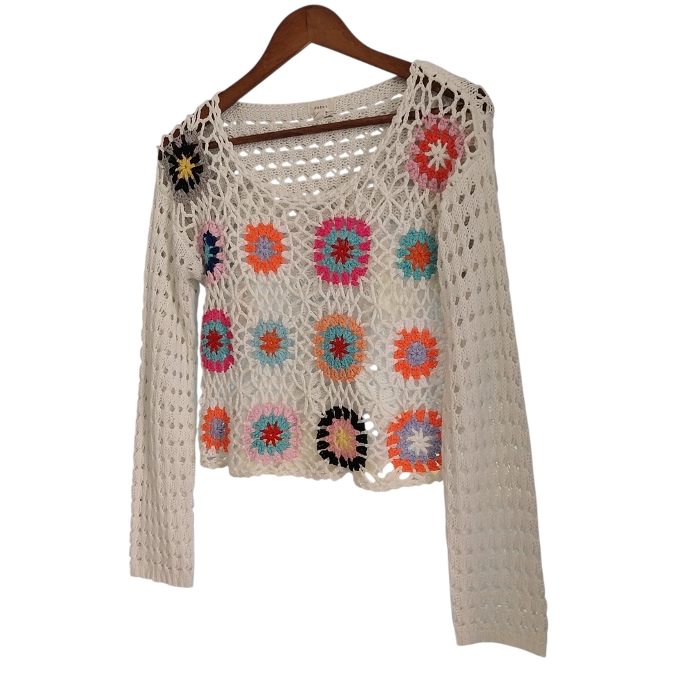 Debut Open Weave White Colorful Knit Cropped Pullover Top Size M Hippie Festival - Picture 4 of 9